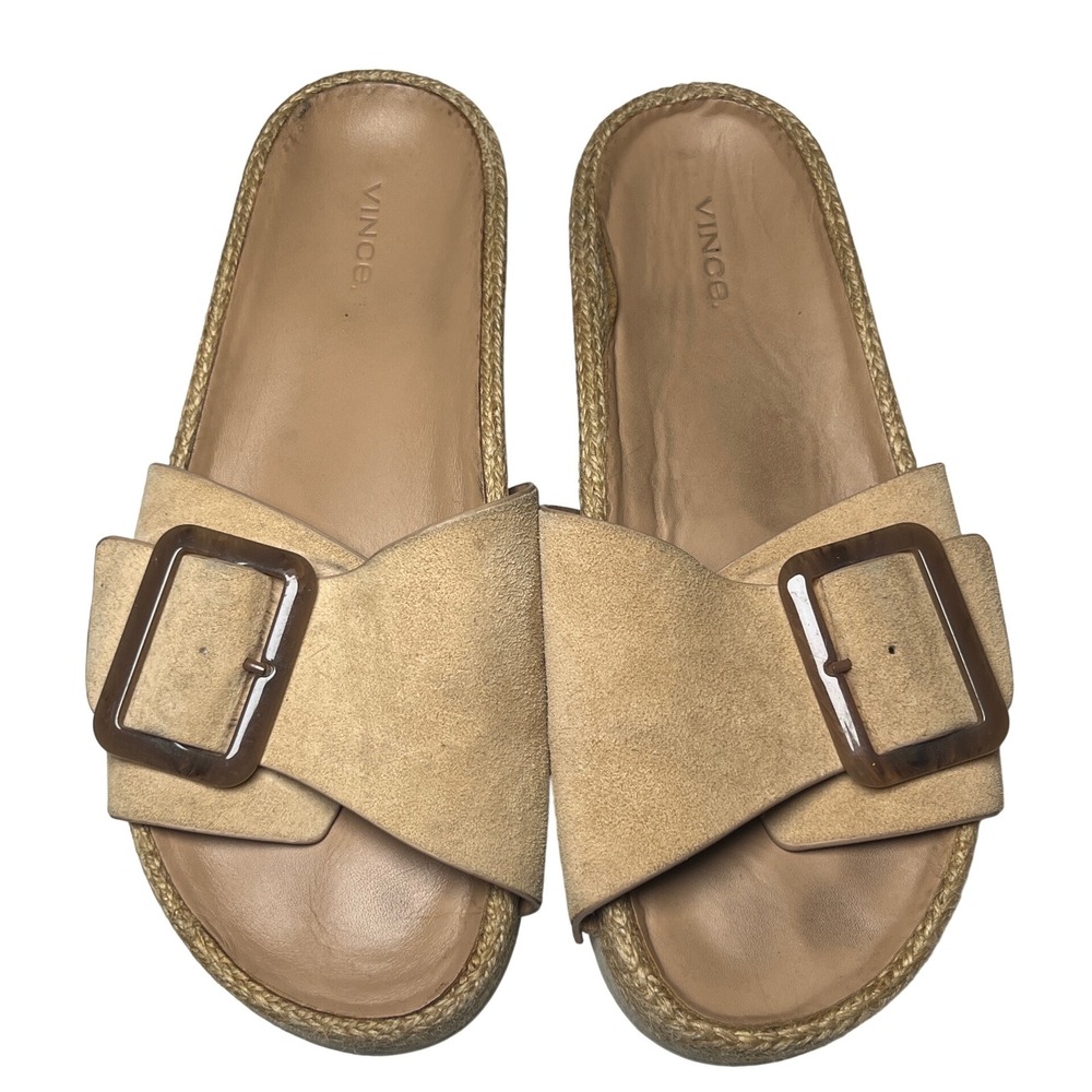 Vince Suede Espadrille Slide Sandals Oversized Buckle Tan Minimalist 10M